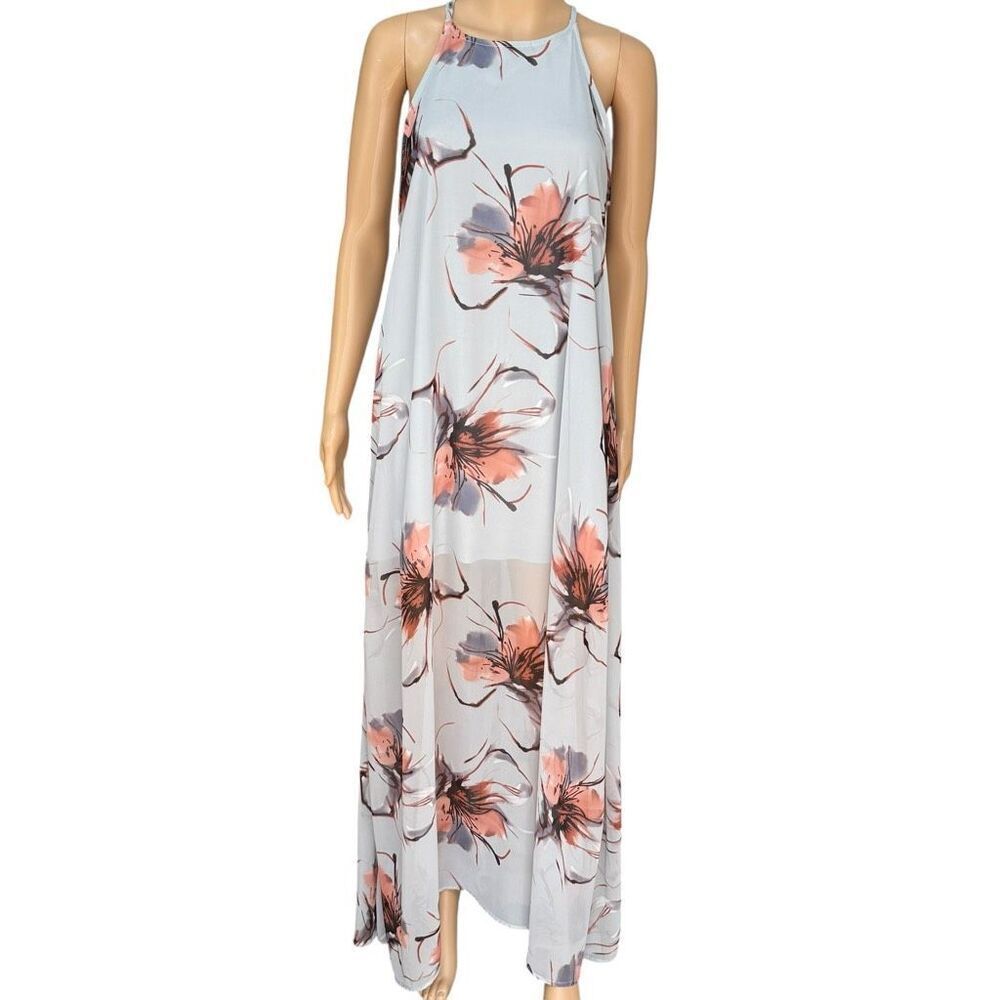 Peach Love California floral halter maxi dress lightweight chiffon size M/L ?
